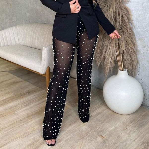 Damen Leggings Sheer Mesh Bubble Bead Lange Schlaghose Frauen Sexy Durchsichtige Lässige Hose mit weitem Bein Mode Nachtclub Party Bottoms