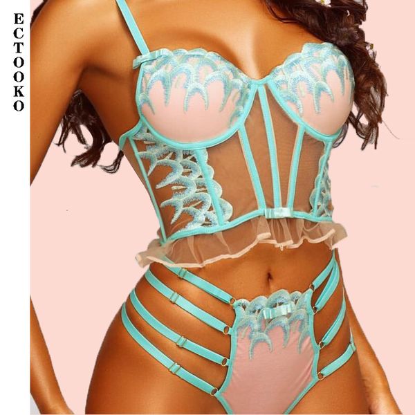 Set sexy ECTOOKO Lingerie di lusso Ricamo floreale Donna 2 pezzi Reggiseno con ferretto perizoma intimo esotico verde neon 230419