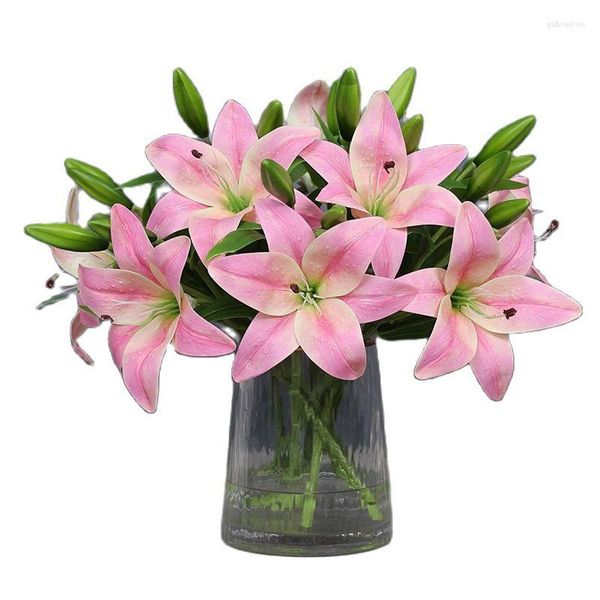 Flores decorativas 5 ramos artificial Pink Lily Wedding Party Bouquet Diy Simulation Basket Plants
