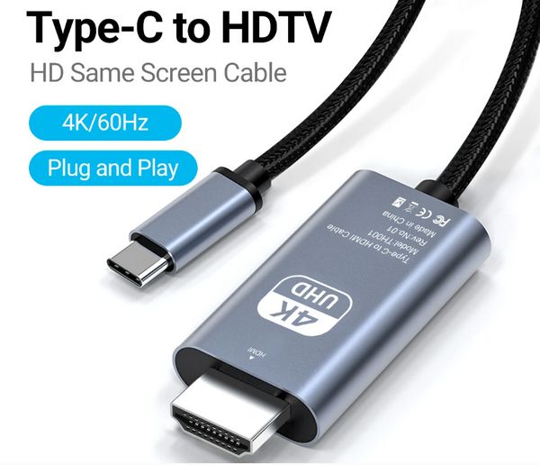 Cabo USB C para HDMI de 2 m 4K60Hz 6,6 pés Ultra alta definição 1080p USB 3.1 Type C Conversor HDMI Cabo de transmissão de tela para escritório doméstico