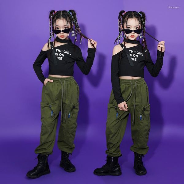 Abbigliamento da palco Abbigliamento hip-hop per bambini T-shirt a maniche lunghe Top Streetwear Pantaloni cargo Pantaloni verde militare per ragazza Abiti per costumi di danza jazz