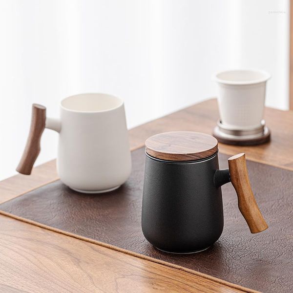 Tassen LUWU Teetasse aus Keramik mit Teesieb Holzgriff Tasse 400 ml