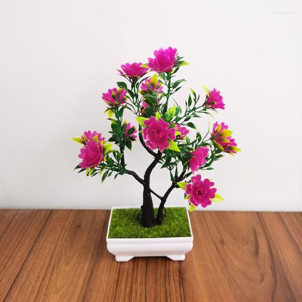 Fiori decorativi Simulazione Pianta Bonsai Fiore Rosa Vaso di plastica finto Decorazione desktop per interni Ricchezza Ornamenti per alberi