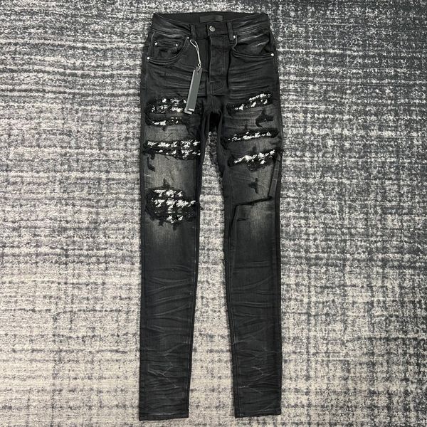 Джинсы Повседневные джинсы скинни Мужские дизайнерские джинсы Черные джинсовые брюки с лоскутным одеялом Рваные прямые брюки до колен Angry Ram Хип-хоп Уличные брюки
