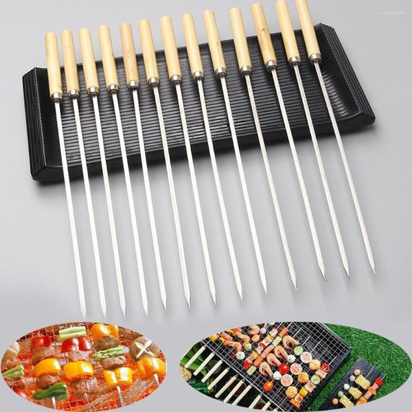 Werkzeuge 10 Stücke Edelstahl Grillspieße Metall Wiederverwendbare Grill Kebab Sticks Holzgriff BBQ Camping Flache Gabeln Küchenhelfer