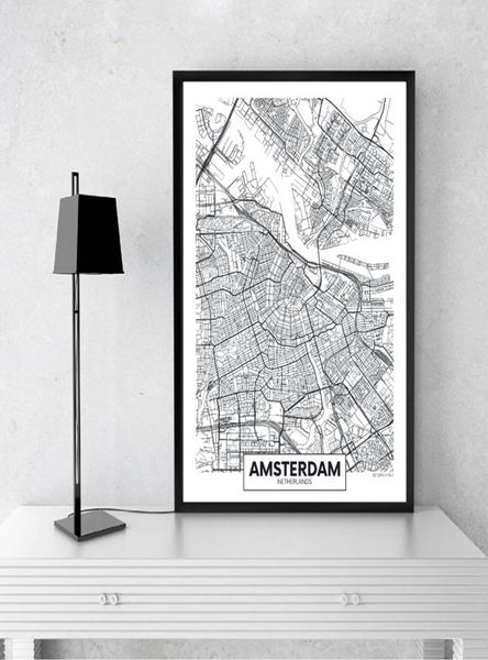 Modern Şehir Amsterdam Harita Minimalist Tuval Boyama Siyah ve Beyaz Duvar Sanat Baskı Poster Resimleri Oturma Odası Ev Dekor3200063