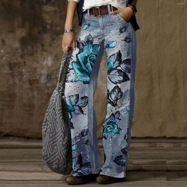 Jeans feminino 2023 Pocket Stand Pocket Staight Ponta de perna de flor clássica calça de flores feminino moda hip hop Sortpants meninas