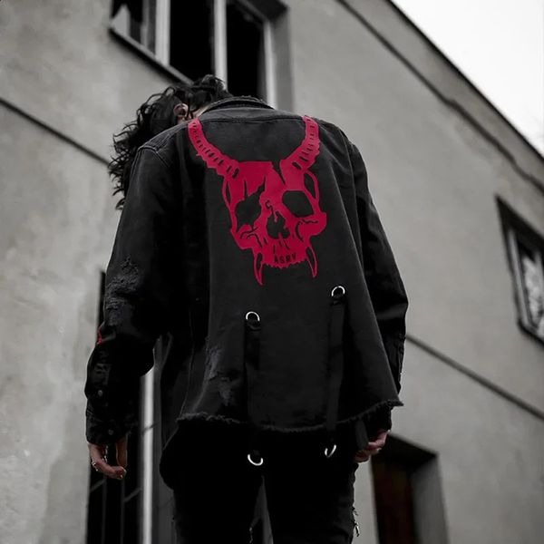 Herrenjacken Dunkle Punk-Jeansjacken Männer Streetwear Hip Hop Totenkopf bedruckte schwarze Jacke Einreihiges Cowboy-Jeanshemd für Männer S-3XL 231118