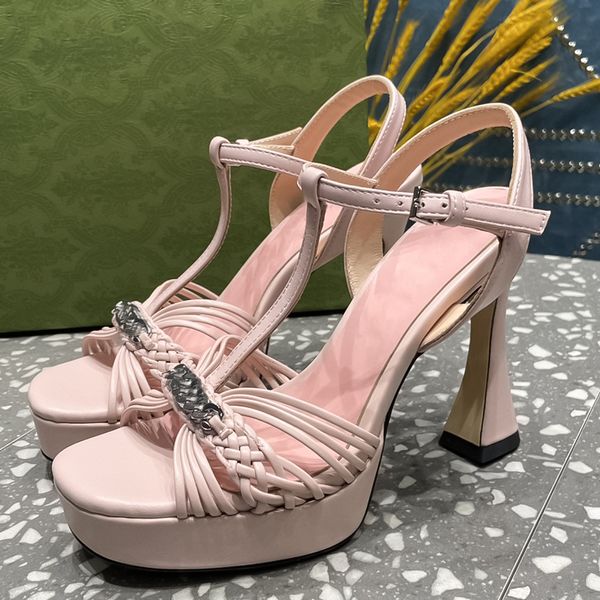 Nuovo designer di scarpe da donna di lusso Tacco grosso Piattaforma impermeabile Cinturino intrecciato Punta aperta Sexy Tacchi alti di marca rosa Sandali estivi in pelle di pecora premium 11 cm Taglia 35-42