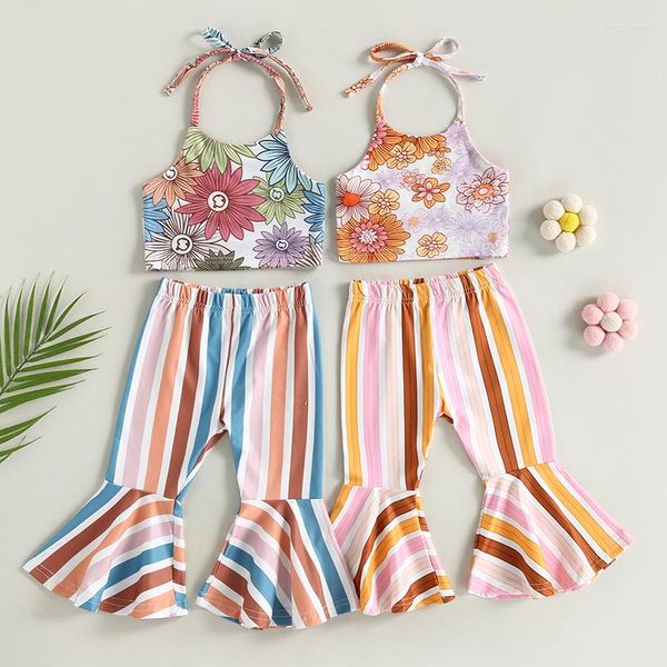 Roupas conjuntos de roupas de criança 2pcs Moda de moda sem mangas Pescoço de pescoço com estampa floral listrado calças longas 0-4 anos