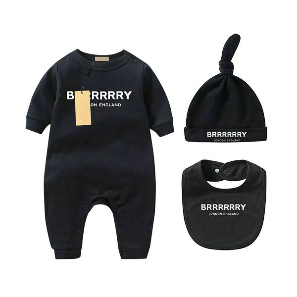 Stokta Bebek Doğdu Bebek Kız Tasarımcı Marka Mektubu Kostüm Tulumlar Giysiler Tulum Çocuk Bodysuit Bebekler için Kıyafet Romper Outfi Bib Hat 3pc