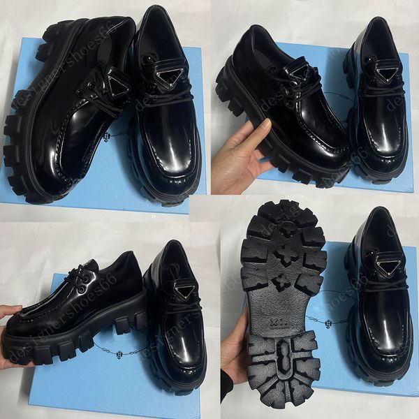 Sapatos monolíticos de couro escovado com cadarços 1E254N Os pretos originais ousados com cadarços enfatizam o conceito de dualidade que é fundamental na estética da marca Designer Loafer