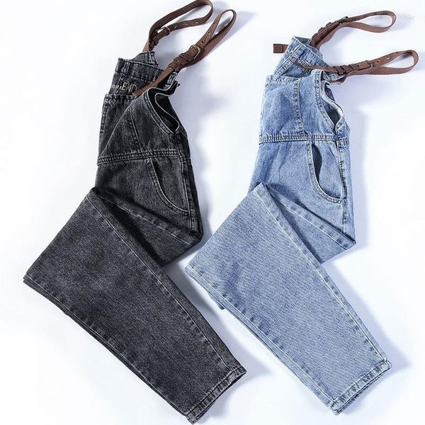 Damen-Jeans Damen-Hosen mit Hosenträgern Blau Schwarz Alterungsreduzierende lockere westliche Art war dünner Mutter-Denim-Overall