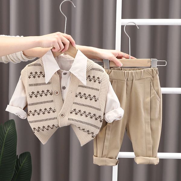 Frühling Baby Jungen Kleidung Sets Kinder Outfits Kleinkind Kleinkind gestrickte Weste T-Shirt Hosen 3 Stück Anzug Kinder Freizeitkleidung