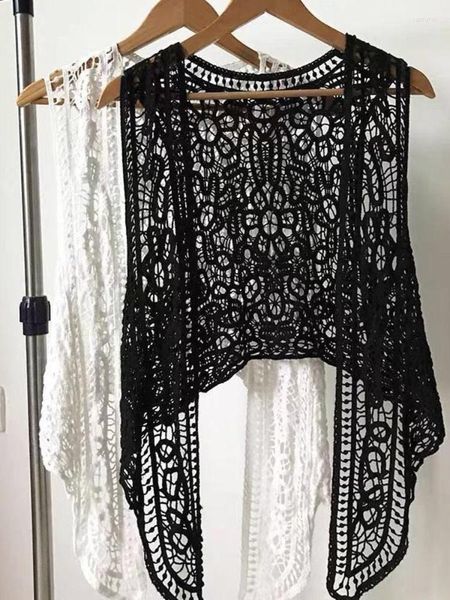 Camicette da donna Cardigan a punto aperto asimmetrico Summer Beach Boho Hippie People Style Crochet lavorato a maglia camicetta ricamata gilet senza maniche 2023