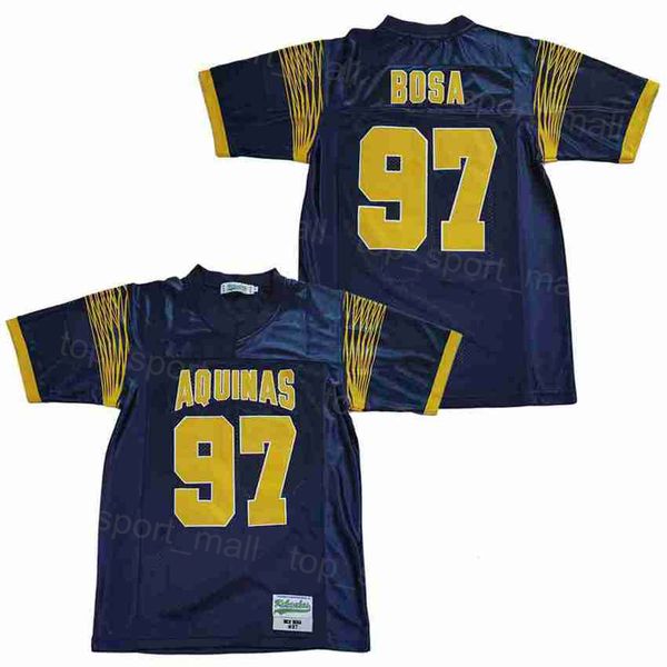 High School Football 97 Nick Bosa Jersey St Thomas Aquinas College MOIVE RULLABLE PULLOVER PULHO DE CLOGON para fãs de esportes All Stitching Hiphop Team Navy Blue Uniform