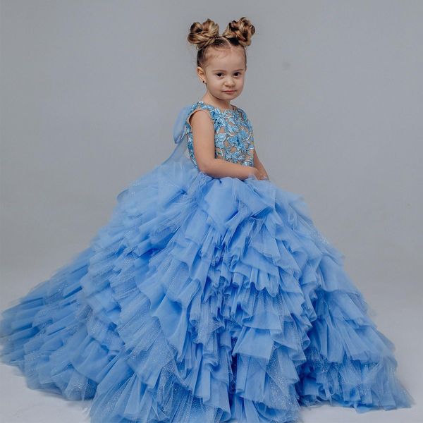 Ruffles Tiere Abiti da ragazza di fiore Blu Applicazioni di pizzo Bambino Compleanno Prom Papillon O Collo Abito da ballo Abito da fotografia per bambini 326 326