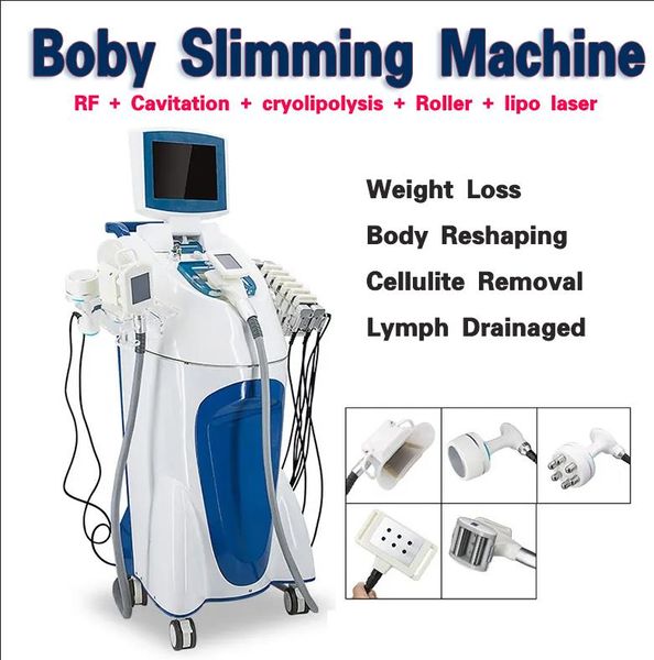 Macchina per criolipolisi Congelamento del grasso 5 in 1 Cavitazione RF Dimagrante Lipo Laser Body Contouring Cellulite Ridurre gli ultrasuoni Rullo per la perdita di grasso Attrezzatura di bellezza per massaggi