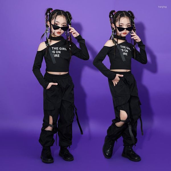 Desgaste do palco 2023 Modern Dance Hip Hop Roupas para meninas Tops de colheita preta Conta de carga Kpop Roupfits Jazz Performance Fantasmas DQS12601