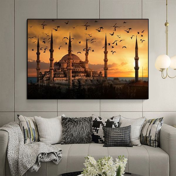 Gebäude Wandkunst Poster Muslimische Moschee Sonnenuntergang Druck Leinwand Gemälde Poster Islamische Kunst Realistische Landschaft Wohnkultur Cuadros