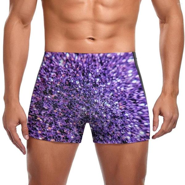 Herren-Bademode, glitzernde Lavendel-Glitzer-Badehose, lila Bling-Druck, Training, trendige Badeshorts, schnell trocknend, Übergröße, Herren-Badeanzug