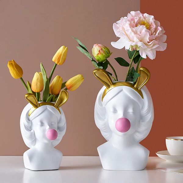 Vasi Nodic Resina Coniglio Ragazza Vaso Volto umano Vaso di fiori Vasi per piante Decorazione domestica moderna Accessori Soggiorno Camera da letto Ornamenti 231117