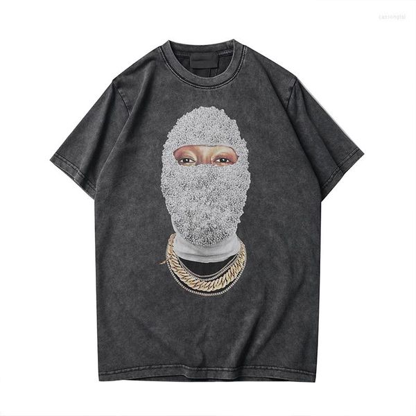Herren T-Shirts 2023 Retro Washed And Worn T-Shirt Strange Story Pearl Masked Man Print Kurzarm Herren