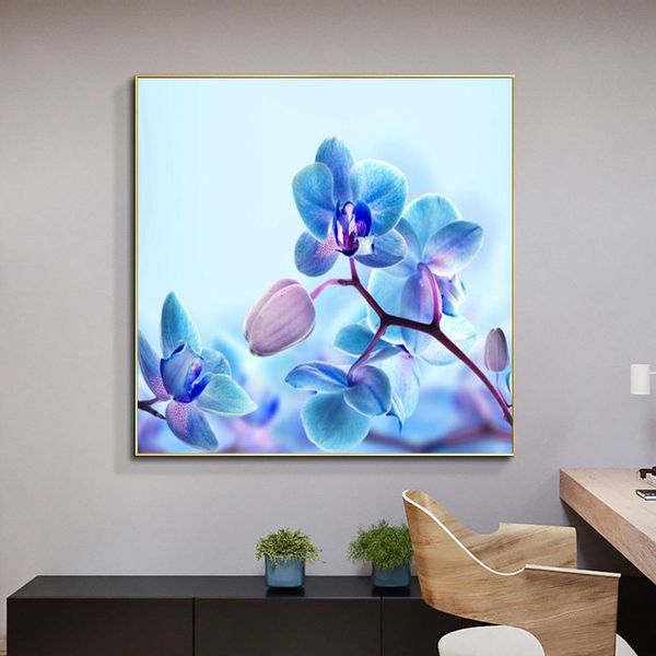 Mavi Orkide Modern Yağlı Boya HD Tuval Baskılı Poster Duvar Sanatı Oturma Odası Kanepe Ev Dekorasyonu