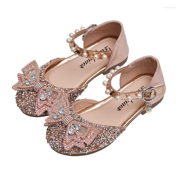 Sapatos chatos 2023 crianças stromestone Butterfly Girls Princesa para Festas de Casamento Crianças Dança Gold Pink 2-12T