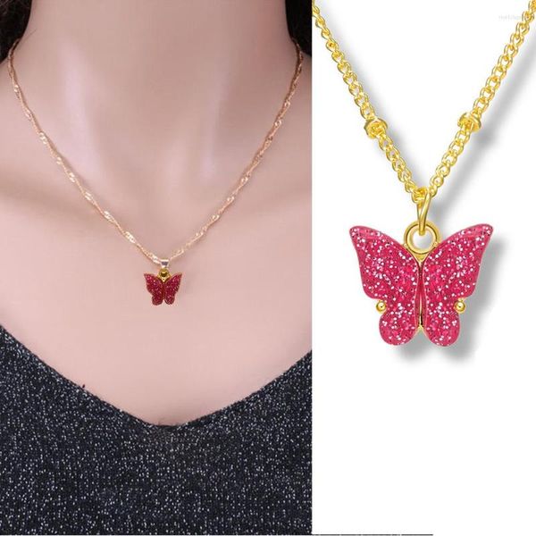 Anhänger Halsketten Glitter Bunte Acryl Schmetterling Halskette Einfache Goldfarbe Kette Insekt Choker Für Frauen Schlüsselbein Schmuck Geschenke
