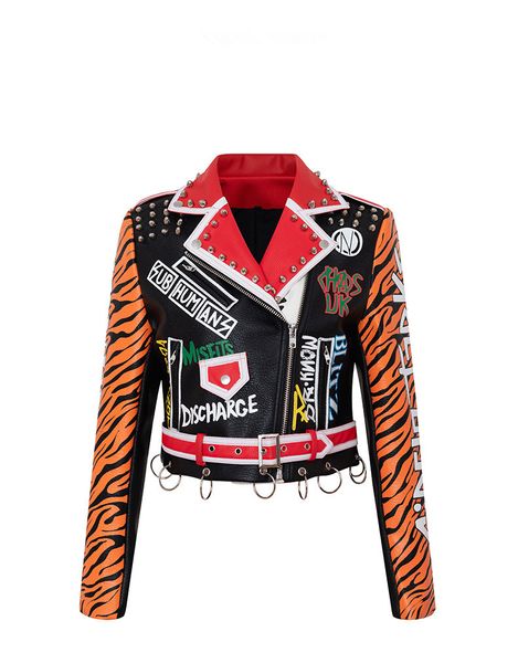 Giacche in pelle Pu da donna Graffiti Lettera floreale Stampa animalier Punk Motociclista Zip Rivetto Vita Cappotti da donna Capispalla in colore a contrasto MT-8357