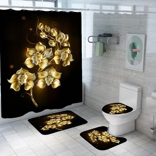 Duschvorhänge glänzende blaue goldene Rosen wasserdichte Vorhang Set Toilettenabdeckung Matte Nonslip Bad Teppiche Badezimmer Valentinstag Weihnachten