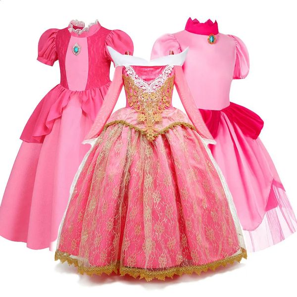 Kleidung Sets 2023 Mädchen Prinzessin Party Pfirsich Kleid Dornröschen Cosplay Kostüme Geburtstag Halloween Vestidos Rapunzel 231118