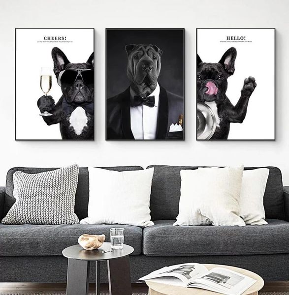 Divertente animale tela pittura cane indossare occhiali da sole vestiti poster stampa in bianco e nero immagini nordiche di arte della parete per soggiorno7571832