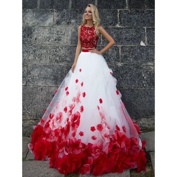 Abiti da ballo rossi e bianchi Abiti da ballo Due pezzi Nuovi economici Gioiello Collo Applique in pizzo Fiori floreali 3D Tulle Lunga serata