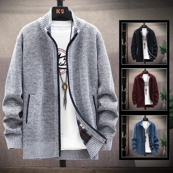 Camisolas masculinas de inverno camisola de lã com zíper cardigan coreano outono grosso quente blazer casaco esportes masculino jumpers de malha marrom jaqueta fria 231118