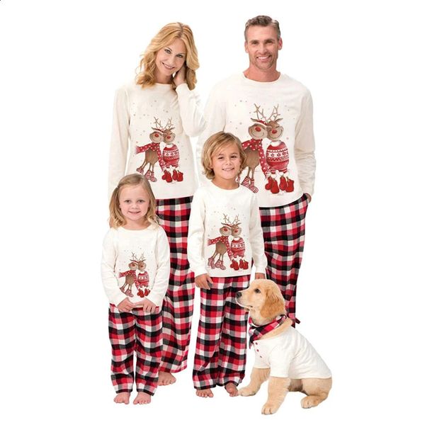 Passende Familien-Outfits, Hunde-Weihnachtspyjama-Set, Cartoon-Elch-Druck, Langarm-T-Shirt, Oberteil und karierte Hose, Eltern-Kind-Kleidung 231118