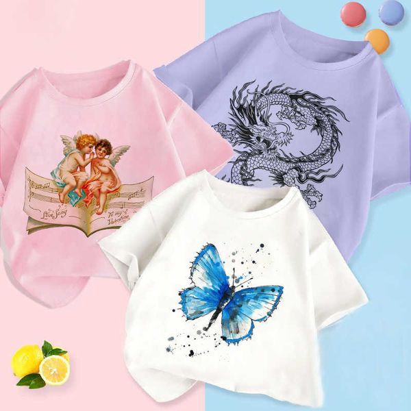 T-shirts Dragon 2021 Summer Childrens Roused Boys Manuve Camiseta Camiseta Camiseta Caminhada Crianças Meninas Roupa Butterfly Boys Meninos T-shirt P230419