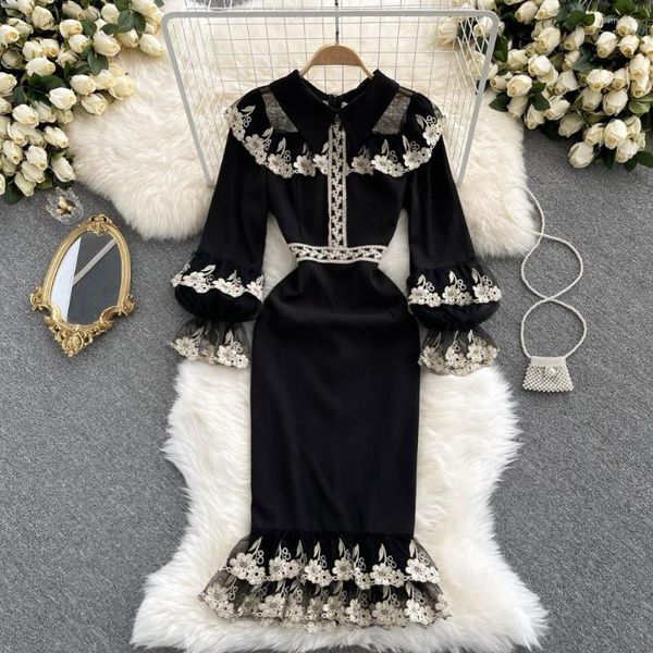 Abiti casual Wtianyuw Lace Patchwork Vestidos Black Mid Vintage Pencil Abito Abito Office Lady Evening Party Ol Simple Series