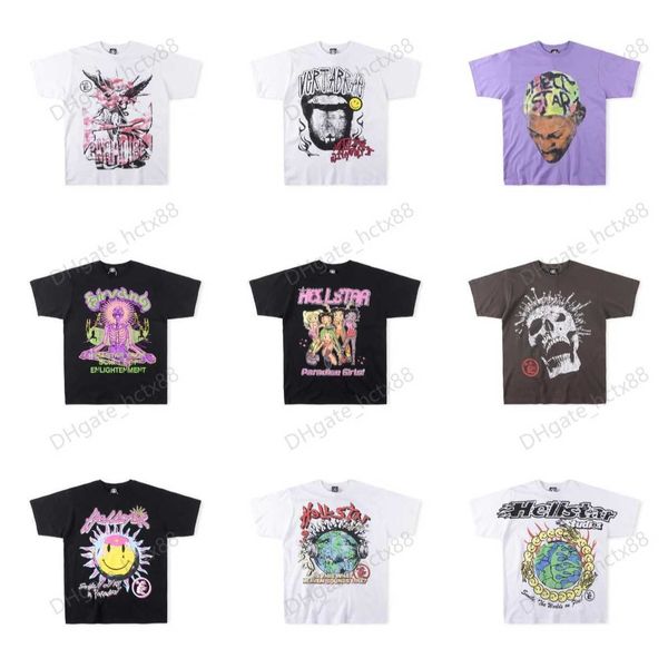 Hellstar Studios Earth Print Trendy Hip-Hop Mangas Curtas Homem Mulheres Camisetas Unissex Algodão Tops Homens Vintage Camisetas Verão Solto Tee Rock Tamanho S-XL pm