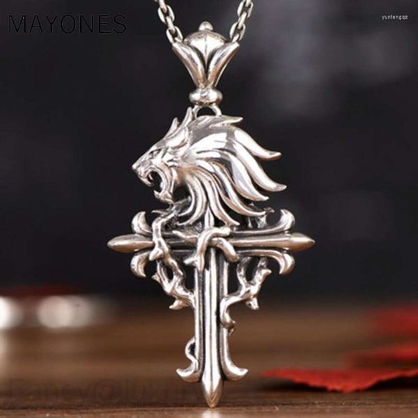 Colares Pingente MAYONES Vintage 925 Sterling Silver Lion Cross Colar Para Homens Meninos