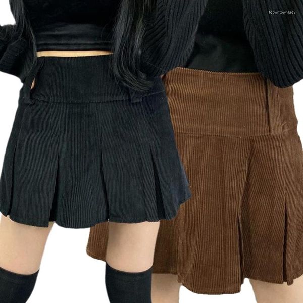 Röcke Frauen Herbst Hohe Taille Vintage Cord Plissee Minirock 90er Jahre Adrette Harajuku Gerippt Nettes Schulmädchen 10CD