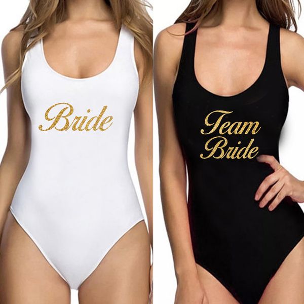Swim Wear Swimwear Mulheres Swimsuit Equipe Noiva Glitter Gold Print Banheira Terno Monokini Bodysuit Bachelor Party 230418