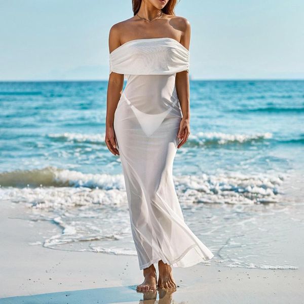 Damen-Badebekleidung, durchsichtiges, schulterfreies, durchsichtiges Strandkleid aus Mesh, sonnenfest, eingewickelt, Sonnenschutzkittel, lang, Damen-Bikini-Cover-Ups, Bademode