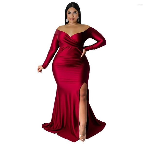 Plus size vestidos femininos sexy com decote em v maxi elegante festa boate sereia vestido senhora sólida divisão chão longo noite