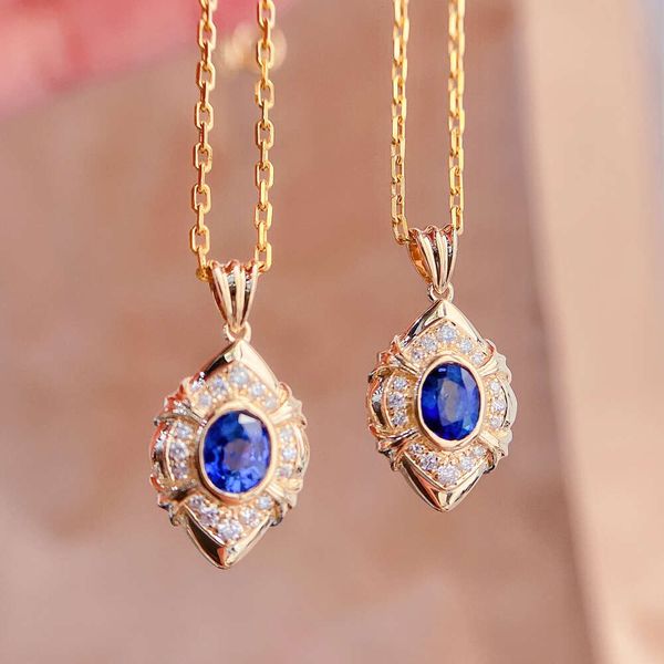 Xiy Vintage 0,48 ct ovaler blauer Saphir-Halskettenanhänger aus echtem Gelbgold mit 0,09 ct echtem Diamant