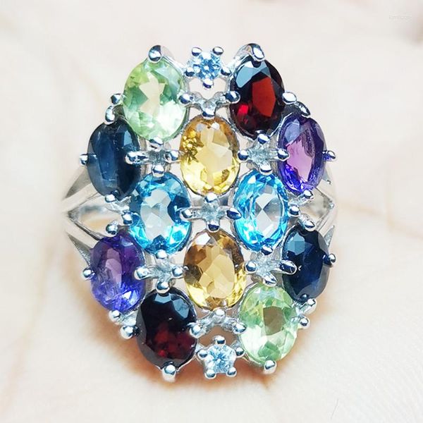 Cluster Ringe Edelstein Ring Natürlicher Saphir Blauer Topas Amethyst Citrin Peridot Granat 925 Sterling Silber 0,45 ct 4 Stück 0,55 ct 8 Stück Edelsteine