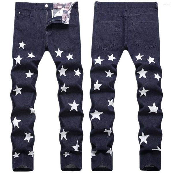 Jeans da uomo FUAMOS Pantaloni in denim blu di cotone americano alla moda da uomo coreano alla moda con stampa a stella sottile alla moda