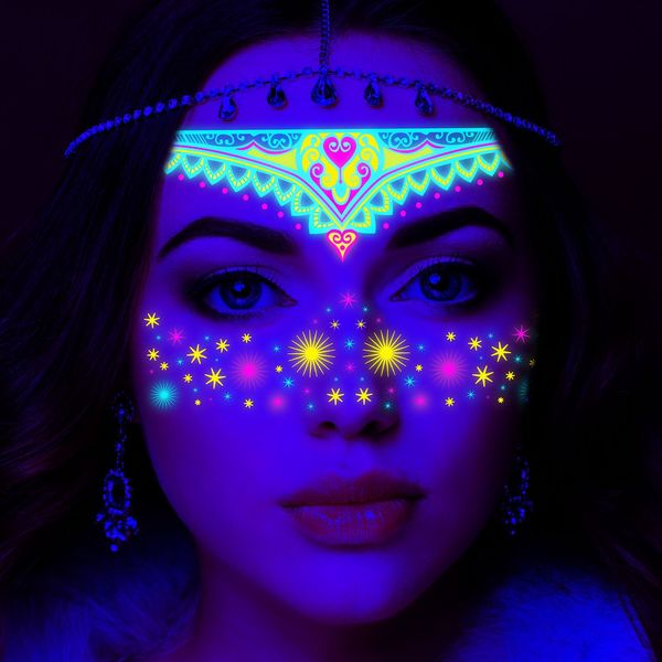 Adesivo per tatuaggio temporaneo impermeabile Adesivo per viso fluorescente al neon in maschera Festival musicale Incandescente tatuaggio finto Trucco Glitter