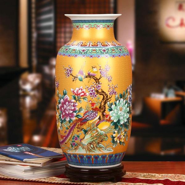 Vasos jingdezhen cerâmica vaso antigo esmalte de ouro peony phoenix flor e pássaro moda moderna porcelana grande